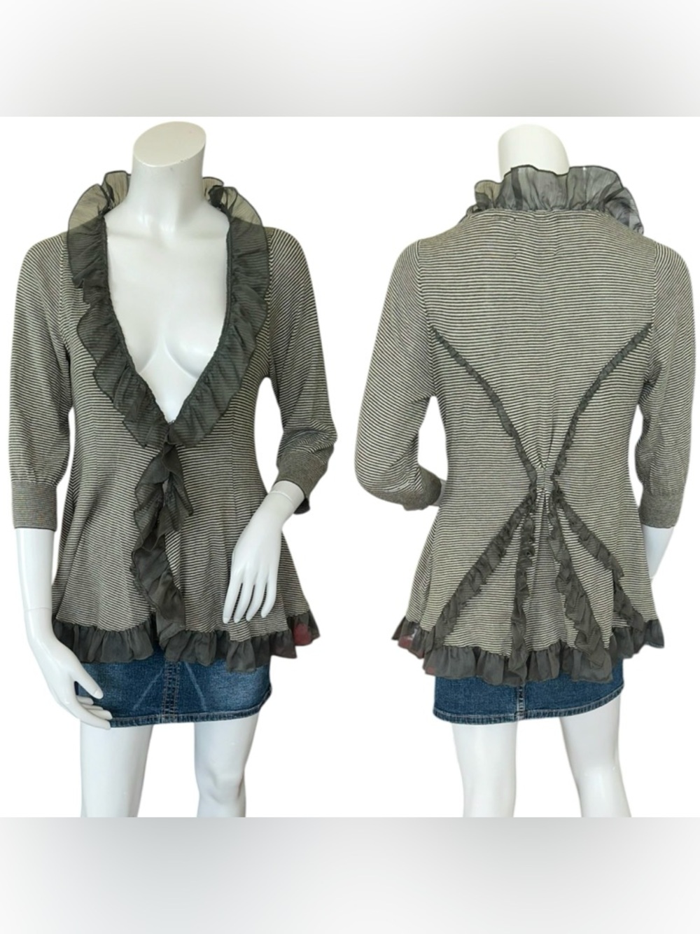 Anthropologie Guinevere Green Striped Ruffle Trim Clasp Front Cardigan Large